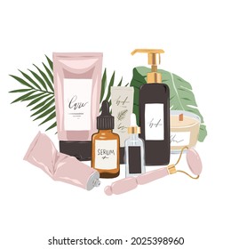 Skin care beauty products illustration, 3 step skincare routine, face serum, lotion and moisturizer, eye cream, cosmetic treatments arranged in composition, scented candle with wooden wick, selfcare
