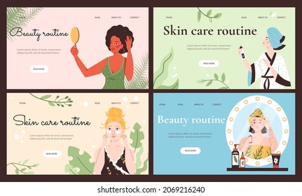 Skin care and beauty routine for women web banners collection, flat vector illustration. Concept of daily beauty home and self care procedures for web page.