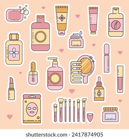 Skin care beauty stickers set.Makeup illustration sign collection.Various different cosmetic products. Packaging in different shapes for skin and body care products. Vector EPS 10.