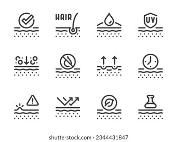 Iconos de línea vectorial de cuidado de la piel y belleza. Problemas de la piel, Tratamiento y esquema de atención de la piel conjunto de iconos.