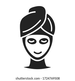 Skin care black glyph icon. Woman with facial mask sign. SPA, Cosmetic procedures. Pictogram for web page, mobile app, promo. UI UX GUI design element.