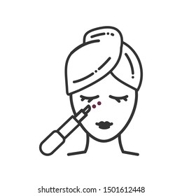 Skin care black line icon. Woman with eye gel sign. SPA, Cosmetic procedures. Pictogram for web page, mobile app, promo. UI UX GUI design element.