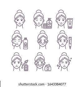 Skin care black line icons set. Woman face with a different facial procedures: leansing, toning, moisturizing. Pictogram for web page, mobile app, promo. UI UX GUI design element. Editable stroke.