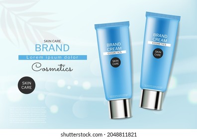 Skin care blue cosmetics bottles vector realistic. Product placement. Abstract blue bokeh background