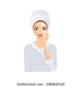 Skin care, body health, beauty. Girl cleaning and protect face, health hygiene, with help of treatment, cosmetics, makeup. Girl applying cream on face before makeup. Illustration in cartoon style.