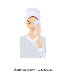 Skin care, body health, beauty. Girl protect face, health hygiene, with help of treatment, cosmetics, makeup. Girl after taking shower wipes face with dry waffle towel. Illustration in cartoon style.