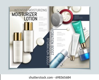 Skin Care Brochure Template, Series Of Cosmetic Products On Geometric Background Magazine Or Catalog In 3d Illustration, Top View Of Mockups And Cream Texture Elements