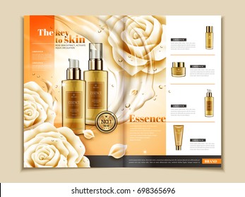 Skin care brochure template, series of skincare products on magazine or catalog for design uses in 3d illustration, white roses and flowing liquid elements