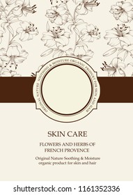 Skin care card with lily flowers. Book cover with flower texture on the background. A wide line of color ribbon with circle badge and empty text place. Vector illustration.