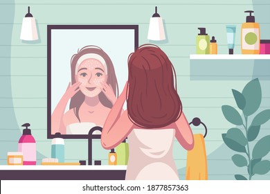 Skin care cartoon composition with young woman in bathroom smoothing mask over her face vector illustration