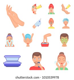 Skin care cartoon icons in set collection for design. Face and body vector symbol stock web illustration.