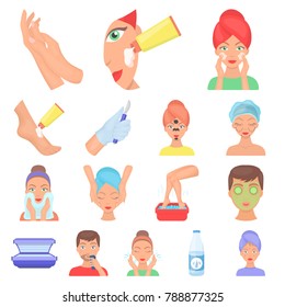 Skin care cartoon icons in set collection for design. Face and body vector symbol stock web illustration.
