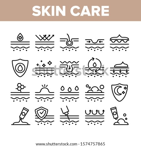 Skin Care Collection Elements Icons Set Vector Thin Line. Collagen And Medical Cosmetic, Sunscreen And Cream, Healthy Skin And Wrinkle Concept Linear Pictograms. Monochrome Contour Illustrations