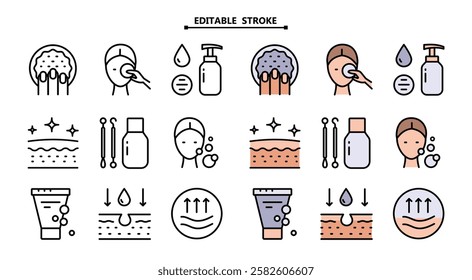 Skin care color icons set. Facial Skin Cleaner signs collection. Vector isolated flat drawing.