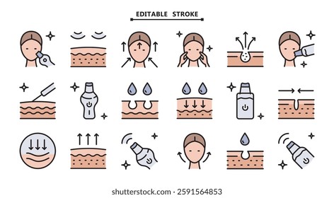 Skin Care Color icons set. Editable stroke. Facial Skin Cleaner icons set. Device peeling simple signs for skincare products property.