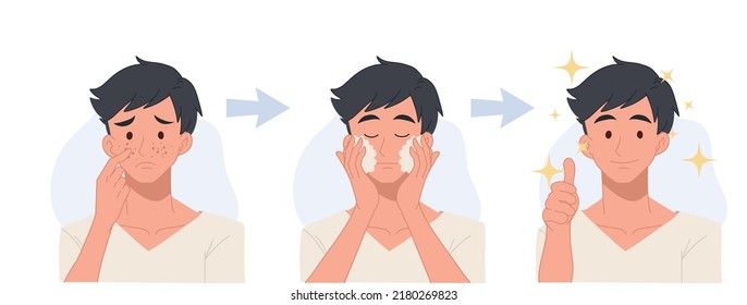 skin care concept. acne treatment before and after, facial cleansing foam, men's skin care,flat vector cartoon illustration