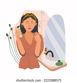 Skin care concept. Brunette woman doing cosmetic spa treatments for her face, for her skin, splashes a moisturizer for her face. Morning routine. Organic products. Vector illustration.