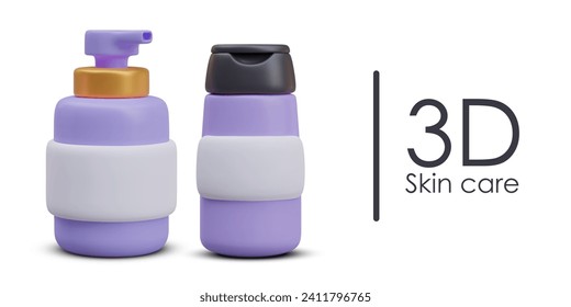Skin care concept. Different types of bottles for liquid cosmetics. White label packaging, realistic mockup on white background. Creative cute template