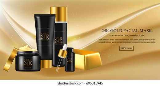 Skin care concept. Facial mask with gold 24k, golden water oil, skincare hydration moisturizer. Vector beauty concept.