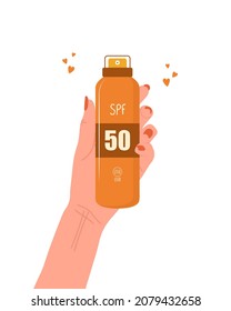 Skin care concept. Female hand holds tube of sunscreen. Facial cream with SPF. Protection for face from solar ultraviolet light. Hand drawn beauty product. Vector illustration in flat style.