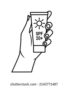 Skin care concept. Female hand holds tube of sunscreen. Facial cream with SPF. Protection for face from solar ultraviolet light. Hand drawn beauty product. Vector illustration in contour style