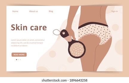 Skin care concept. Landing page template. Anti-cellulite massage with dry cactus brush. Organic treatment for peeling body. Vector illustration in cartoon style.