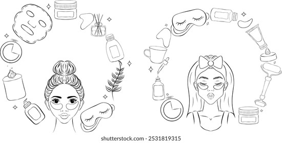 Conjunto de composición de línea de concepto de cuidado de la piel. Rutina diaria de belleza. Hidratante y rejuvenecedor. Línea de Ilustración vectorial plana contemporánea
