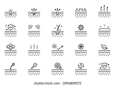 Skin Care Concept Line Icon. Moisture, Cleansing Pore, UV Protect Face or Body Skin Linear Pictogram. Cold, Protection, Health, Pimple Skin Outline Icon. Editable Stroke. Isolated Vector Illustration.