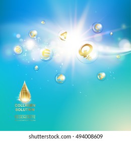 Skin care concept. UV Protection and whitening cream. Golden bubbles with vitamin letters over blue sky background. Vector illustration.