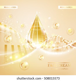 Skin care concept. UV Protection and whitening cream. Golden bubbles with letters over shining background. Vector illustration.