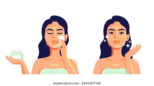 Skin care concept. A woman takes care of her face. Facial treatment. Before After. Beautiful woman portrait applying skin care toner and cream on her face. Set of vector isolated illustrations. 