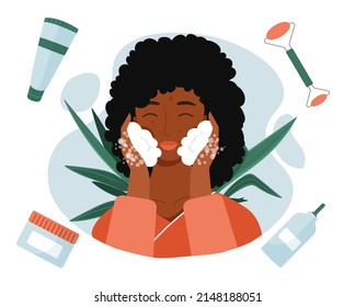 Skin care concept. Young girl applies cosmetic product on her face. Rejuvenation and anti wrinkle treatment. Moisturizers and lotions, organic and natural products. Cartoon flat vector illustration