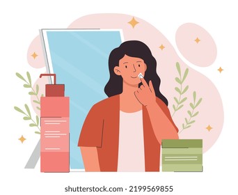 Skin care concept. Young girl puts makeup on her face, uses cream. Poster or banner for website. Cosmetics and spa treatments. Beauty and hygiene, healthcare. Cartoon flat vector illustration