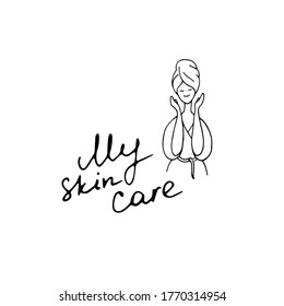 Skin care concept. Young woman in SPA, in bathroom doing cosmetic procedures. Hand drawn doodle vector illustration