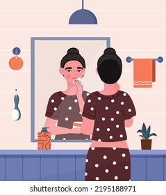 Skin Care concept. Young woman in bathroom in front of mirror puts makeup on her face. Cosmetics, spa treatments, beauty and aesthetics. Hygiene and routine. Cartoon flat vector illustration