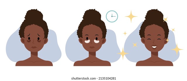 Skin care concept.African american woman is using cream under the eyes to remove circles under your eyes. Before and after using cream.Flat vector cartoon character illustration.