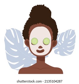 Skin care concept.African american woman with mask and cucumber patch, spa day.Flat vector cartoon character illustration.