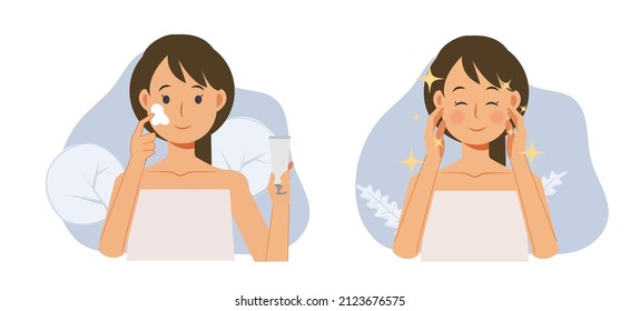 Skin care concept.facial treatment. woman is using cream on her face,Before After.Flat vector illustration