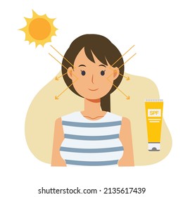 Skin care concept,sun protection. Happy woman using sunblock avoid from sunburn damage. nice and beauty skin .