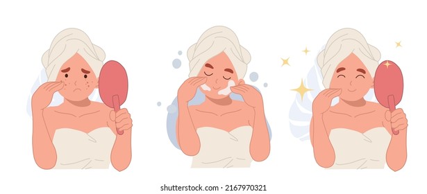 skin care concept.woman with acne, pimples problem.before and after.cleaning face. Flat cartoon character vector illustration