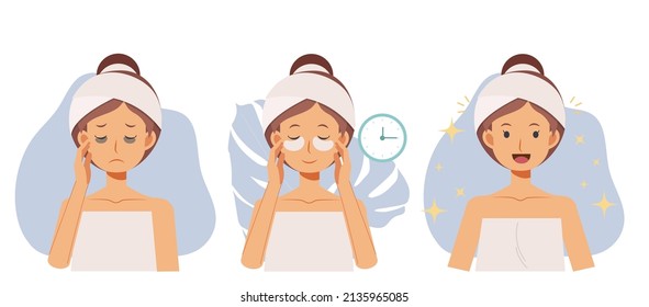 Skin care concept.woman is using cream under the eyes to remove circles under your eyes. Before and after using cream.Flat vector cartoon character illustration.