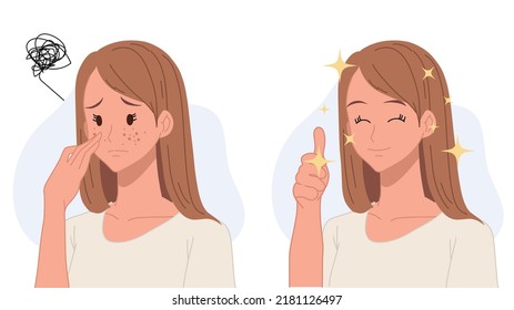 Skin care concept.woman,girl with acne.Before and after acne.Flat vector 2d cartoon character illustration. svg