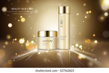 Skin care cosmetic ads, glossy bottle packaging for design with sparkling and bokeh background, 3D illustration