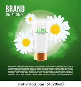 Skin care cosmetic ads template. Cream container with chamomile on a glitter background. Design for ads or magazine. 3d illustration. EPS10 vector
