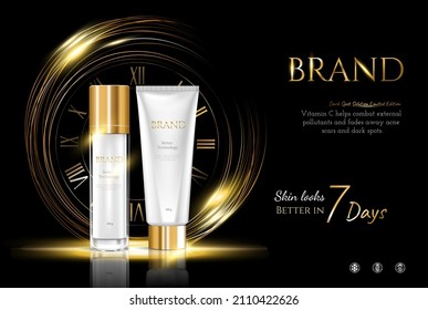 Skin care and cosmetic golden luxury templates for ads, exhibition from realistic golden bottle and white tube on a gold background with lighting flare effect. Vector illustration