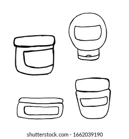 Skin care cosmetic hand drawn vector illustration. Cream, parfume, Serum drop and Face gel or lotion icons. 24 hour face care cream protection. Medical skin cosmetic.