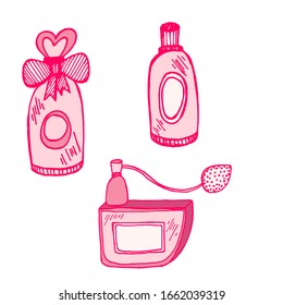 Skin care cosmetic hand drawn vector illustration. Cream, parfume, Serum drop and Face gel or lotion icons. 24 hour face care cream protection. Medical skin cosmetic.