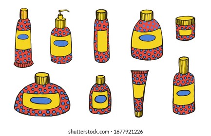 Skin care cosmetic hand drawn colorful vector illustration. Cream, parfume, Serum drop and Face gel or lotion icons. 24 hour face care cream protection. Medical skin cosmetic.