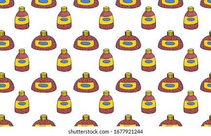 Skin care cosmetic hand drawn colorful vector seamless pattern. Cream, parfume, Serum drop and Face gel or lotion icons. 24 hour face care cream protection. Medical skin cosmetic.