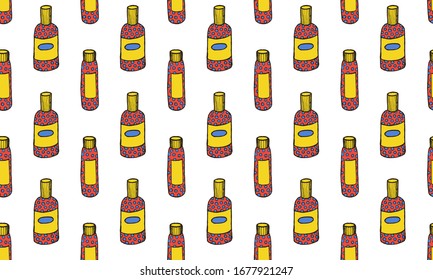 Skin care cosmetic hand drawn colorful vector seamless pattern. Cream, parfume, Serum drop and Face gel or lotion icons. 24 hour face care cream protection. Medical skin cosmetic.